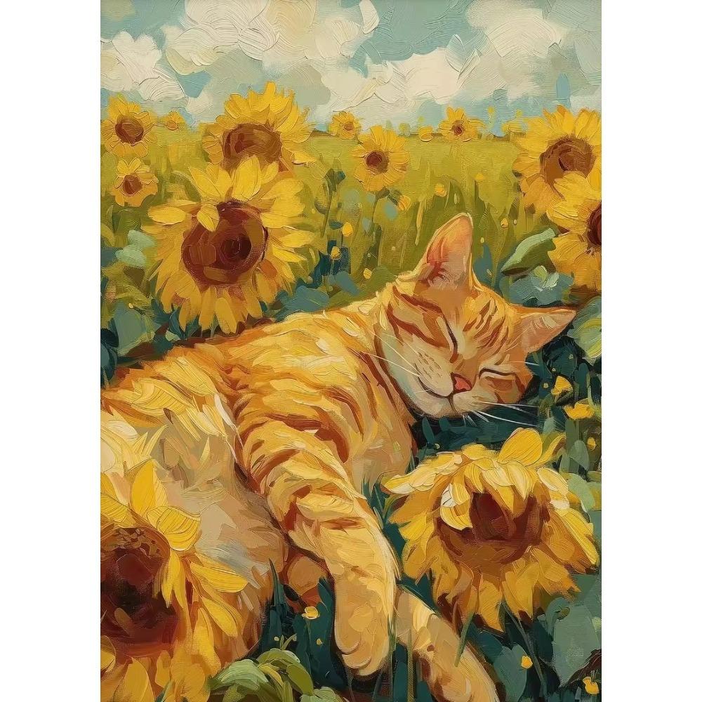Oranje Kat Liggend Zonnebloem Poster Schattige Katten Koffie Drinken Canvas Schilderij Wandkunst Afbeelding voor Woonkamer Huis Muurschildering