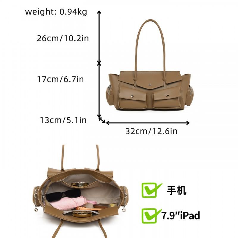 Large Capacity Tote Bag Women Khaki Crossbody Shoulder With Zip PU Leather Daily Commute Casual Use
