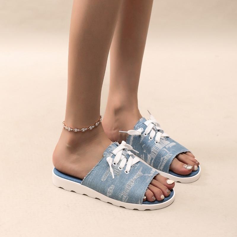 

Мода Мода Женская обувь Новое лето Новое Деним Канвас Передний Тонкий ремешок Мягкая подошва Нескользящие Шлепанцы Плоские Слипоны 36 небесно-голубой