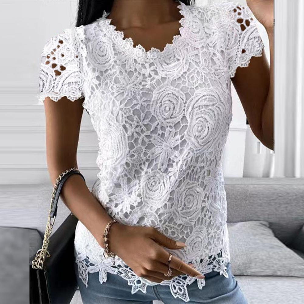 Plus Size Oversized Women Fashion Lace Round Neck Tops T-Shirt Ladies Summer Casual Short Sleeve Blouse Clothes For Female 2026