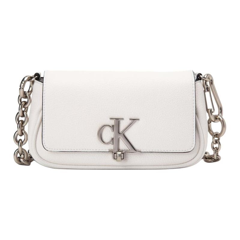 Calvin Klein Letter Turnlock Flap Chain Synthetic Material Shoulder Bag Medium Women s Moonlight White белый