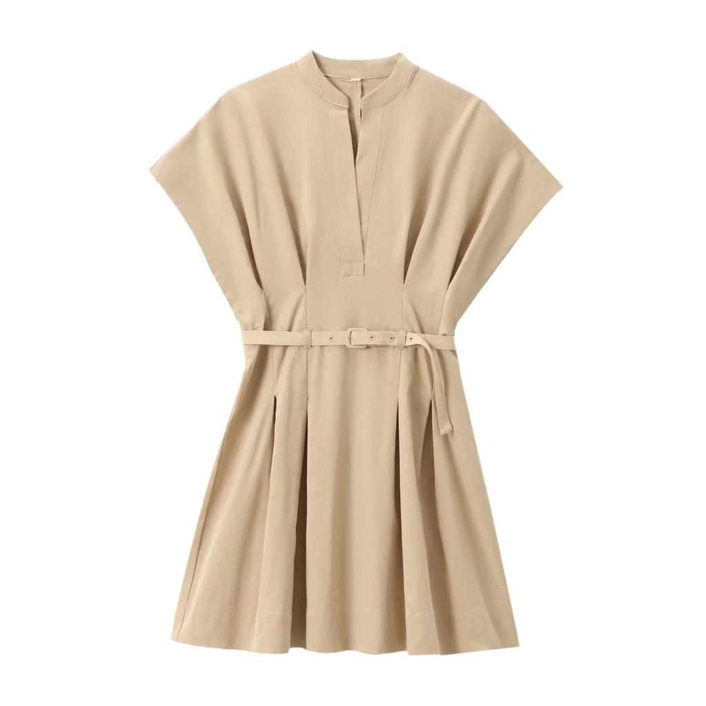 2024 Spring/Summer Khaki Pleated Short Dress for Women 8289