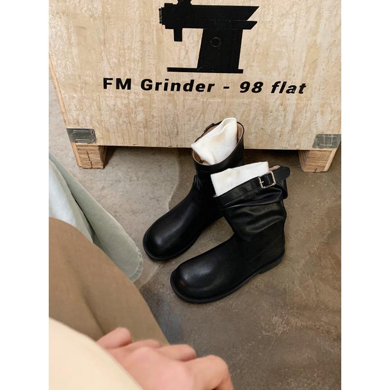 

~ Round head pleated suede thick heel thick bottom piled low top short boots women s autumn 35 чёрный