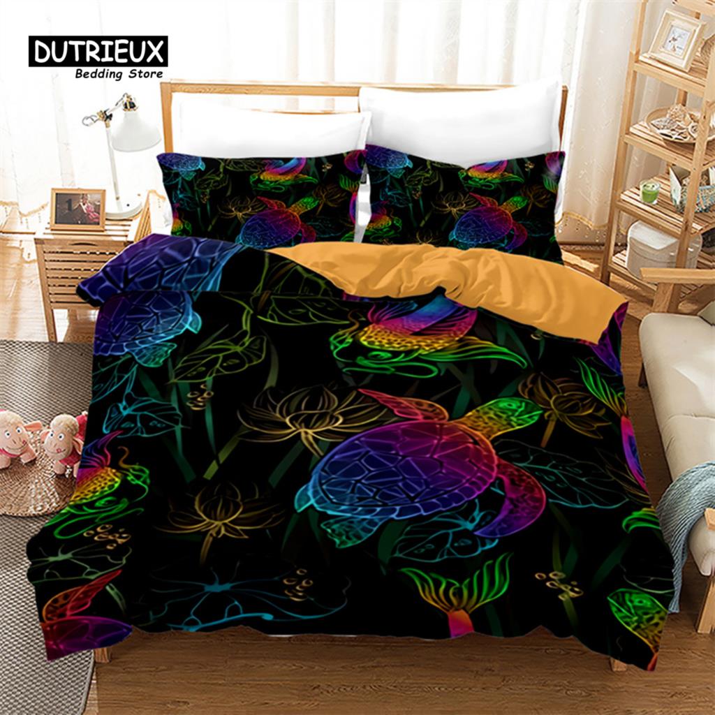 Exotic Turtle Duvet Cover Full King Microfiber Kawaii Sea Animal Comforter Cover Bohemia Tattoo Style Ocean Theme Bedding Set