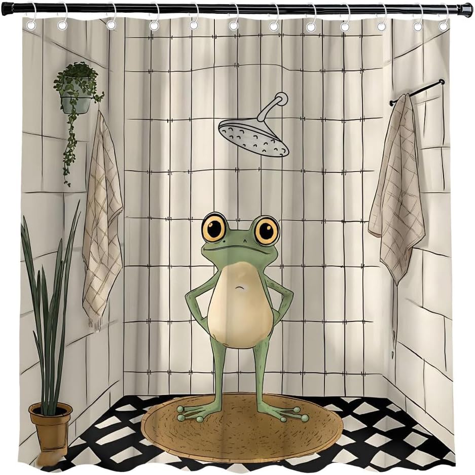Funny Frog Shower Curtain for Bathroom Retro Cute Frog Shower Curtain Vintage Fun Animal Polyester Fabric Bath Decora Curtain