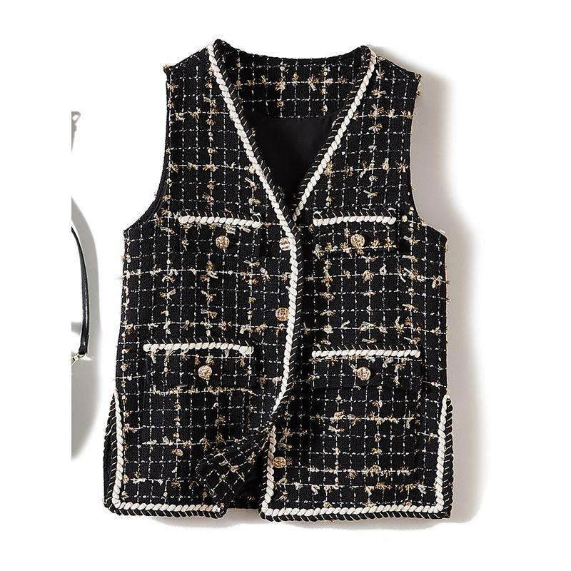 Strong Promotion of Benefits! Three-Dimensional Tassel Plaid V-neck Woolen Pocket Vest Female Fall and Winter Bandage Dress Edging Outwear