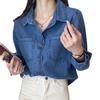 Retro Navy Denim Shirt For Women With Long Sleeves And Pockets For Casual Office Wear