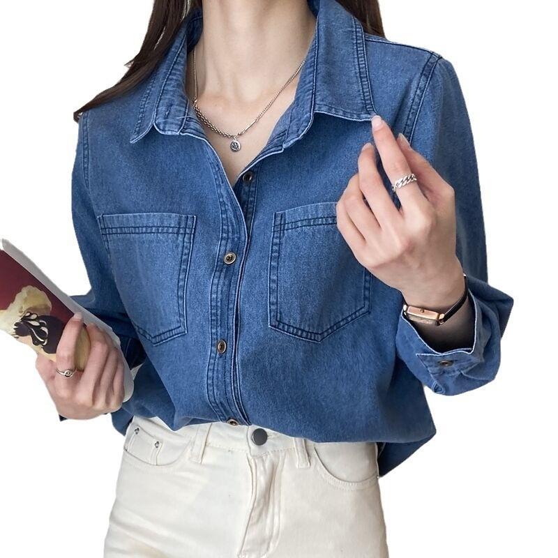 Retro Navy Denim Shirt For Women With Long Sleeves And Pockets For Casual Office Wear