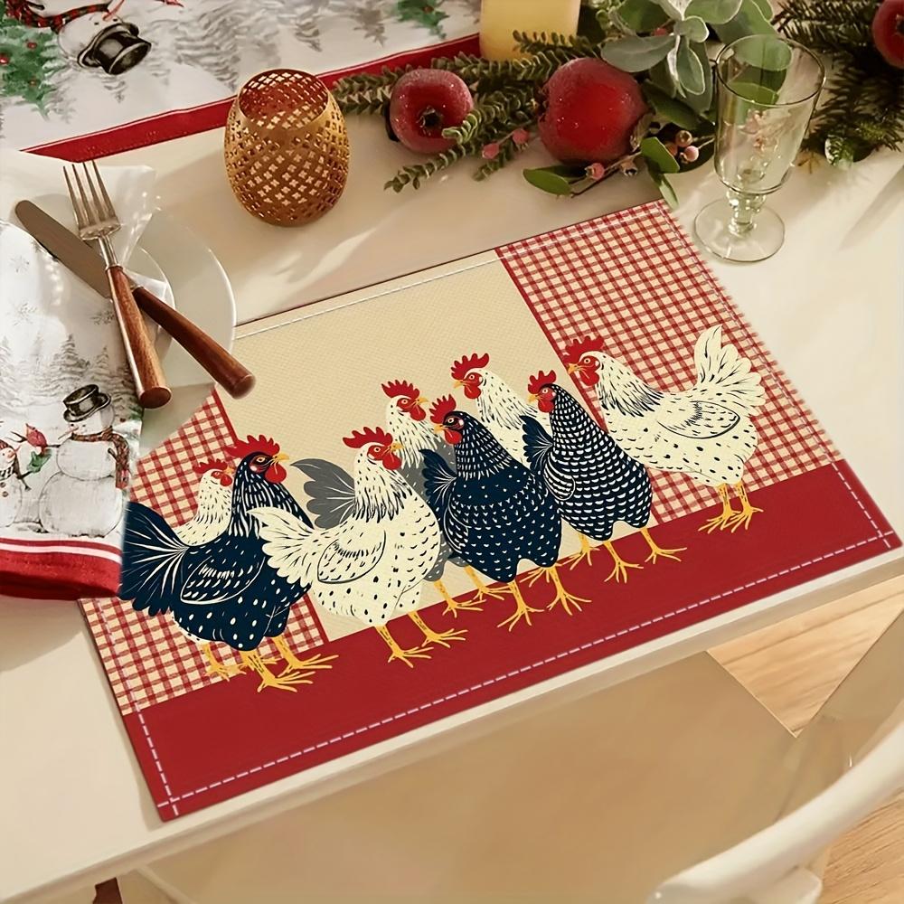 American Country Rooster Meal Mat Red and White Grid Pattern Table Mat Farm Wind Insulated Anti slip Meal Mat 2PCS