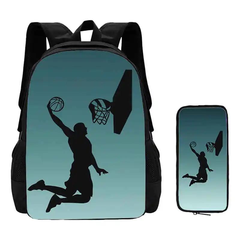 2Pcs Set Basketball Prints School Backpack with Pencil Bags for Kindergarten Cartoon Sports School Bags for BoysKids Backpack