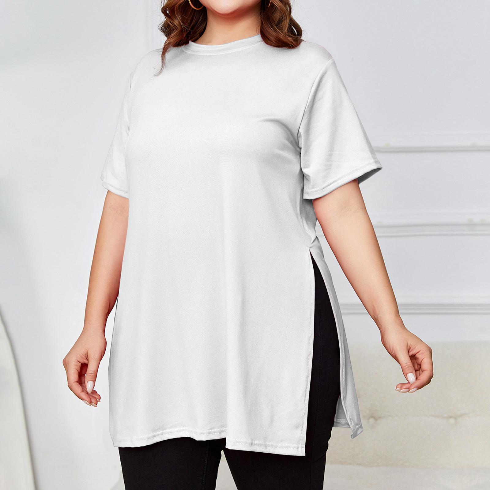 Damen Übergröße Schlitz Langes T-Shirt Rundhalsausschnitt Lässig Locker Kurzärmeliges Oberteil XXXXL weiß
