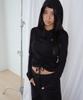 CHICKS Ribbed Shirred Hooded Long Sleeve T-Shirt Black