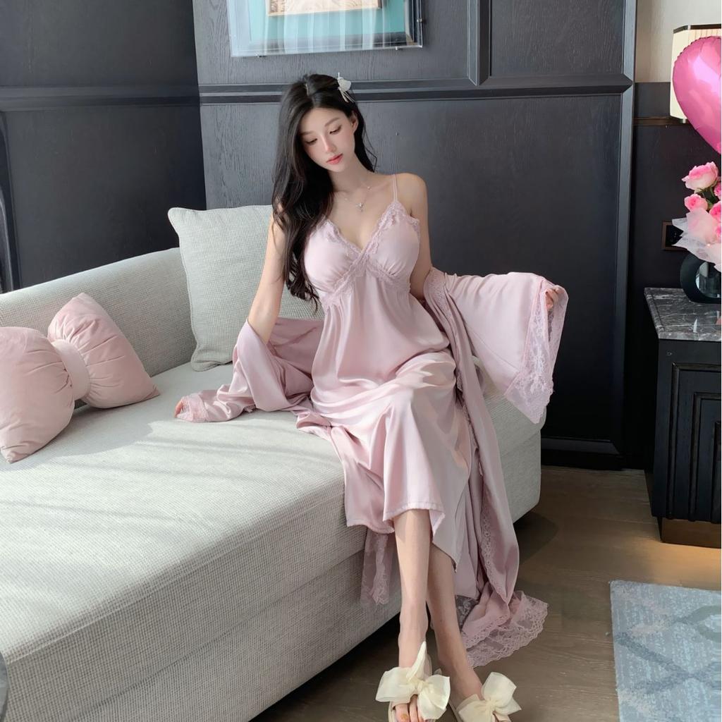 Sexy Pajamas Women's Ice Silk Thin with Chest Pads Long-sleeved Nightgown Nightgown Court Pure Desire Style Long Knee Loungewear