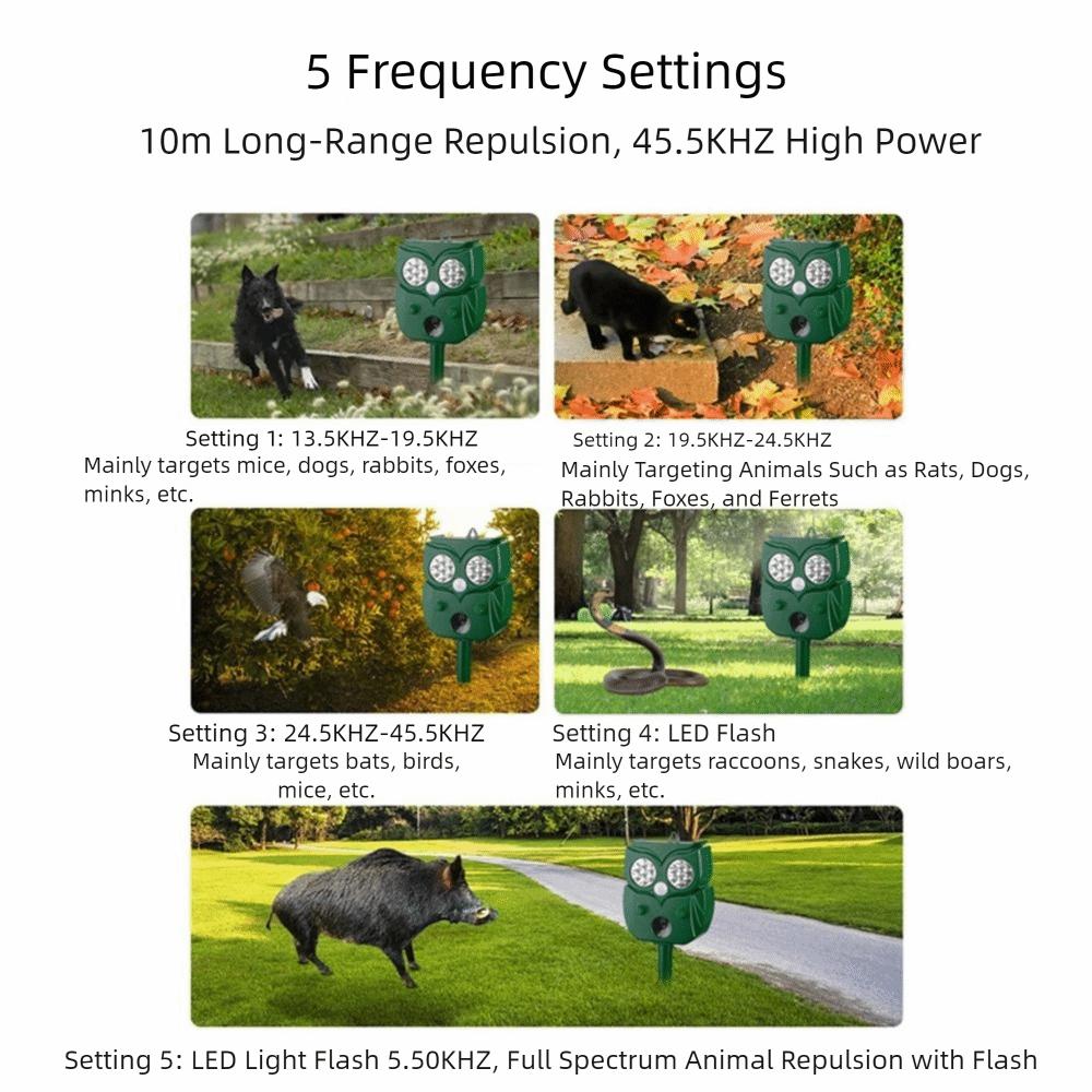 14 LED Ultrazvukový odpuzovač zvířat Tvar sovy Odpuzovač koček a psů Solární odpuzovač zvířat Hospodářský dvůr