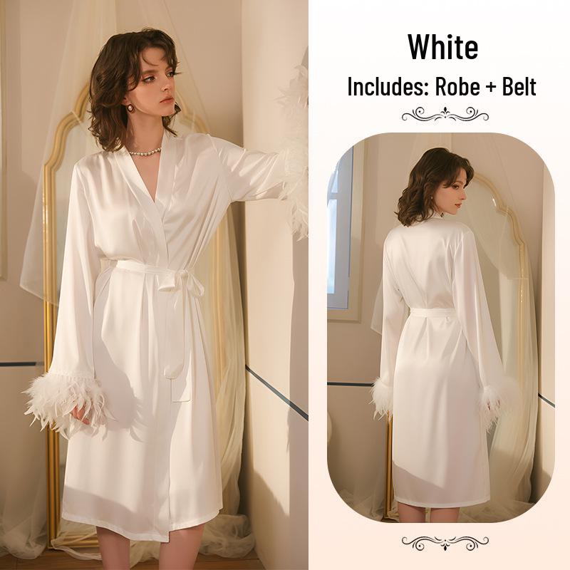 Elegant Satin Feather Sleeve Multi-color V-neck Tie-up Pajama Robe 942