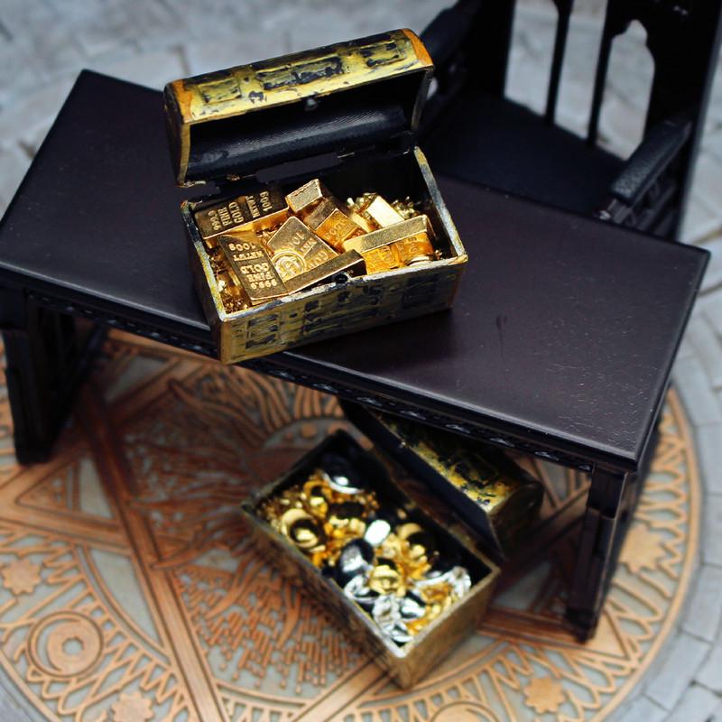 Dollhouse Miniature Gold Coins, Bars, and Yuanbao Treasure Chest Accessories