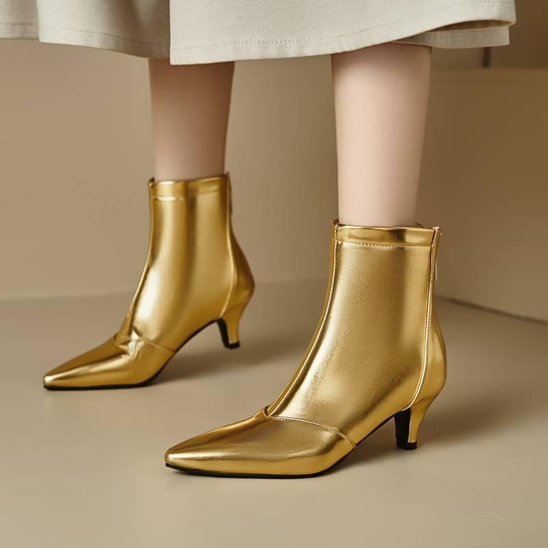 Korean Version of Mid-heel Back Zipper Women's Fashion Shoes Solid Color Pointed-toed Stiletto Mid-tube Boots Autumn and Winter Patent Leather Fashi