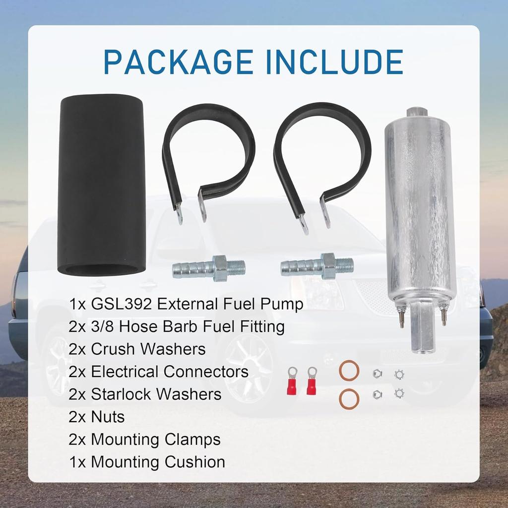 High Flow & Pressure External Inline 255LPH Fuel Pump With Installation Kit Replacement For GSL392, GSL392-400-939, GSL392400939, 400-939 Universal