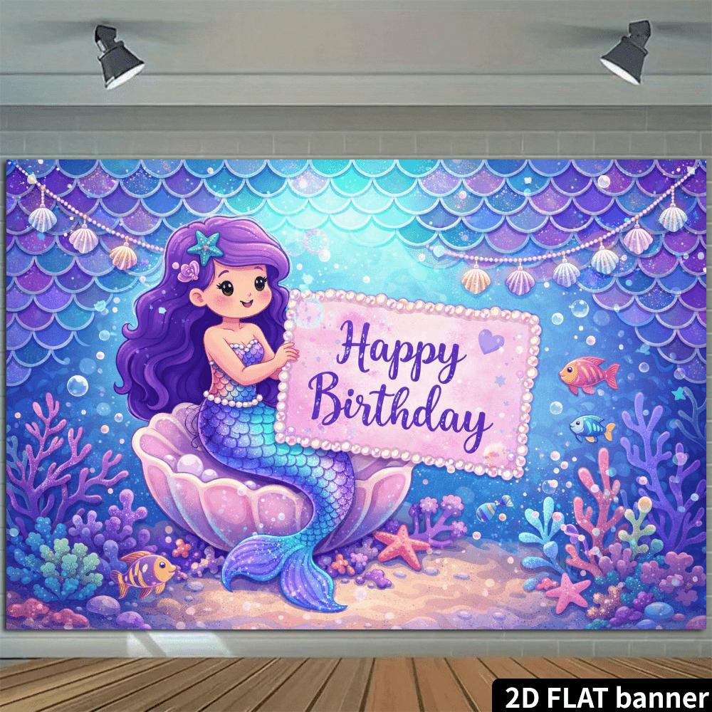 2D Ocean Fairy Tale Birthday Party Banner Background Mermaid Sitting On a Shell Holding a Signboard As the Theme
