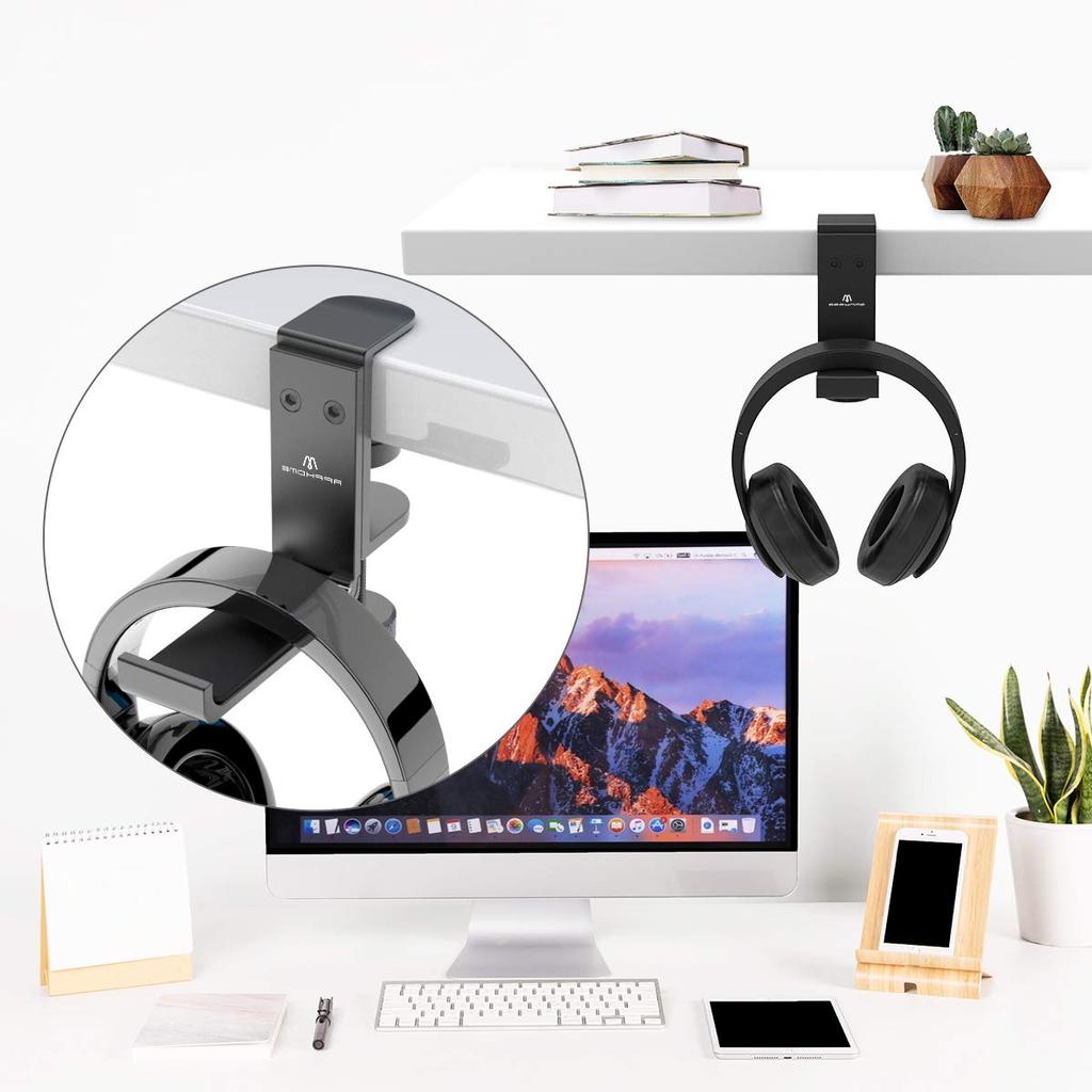 APPHOME Improved Version Headphone Hanger Holder Aluminum Clamp Black Under-Desk Stand, Alloy, Type, Foldable, (1pc)