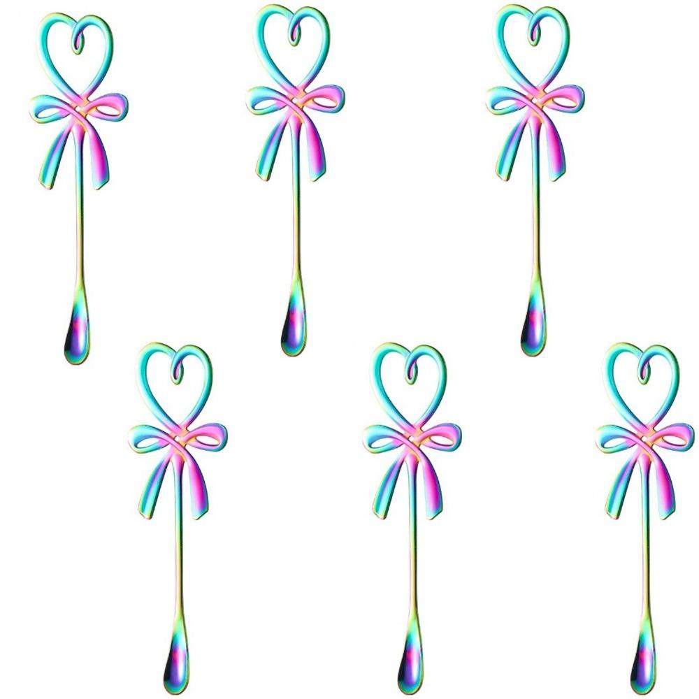 6PCS Stainless Steel Heart Shaped Spoon Long Handle Hanging Spoon Dessert Spoon Bow Knot Coffee Mixing Spoon Household Use