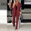 Women Coat Pants Suit 2 Pcs/Set Lady Formal Set Turn-down Collar Single-breasted Long Sleeves Button Decor Trousers Jacket Loose Striped Wide