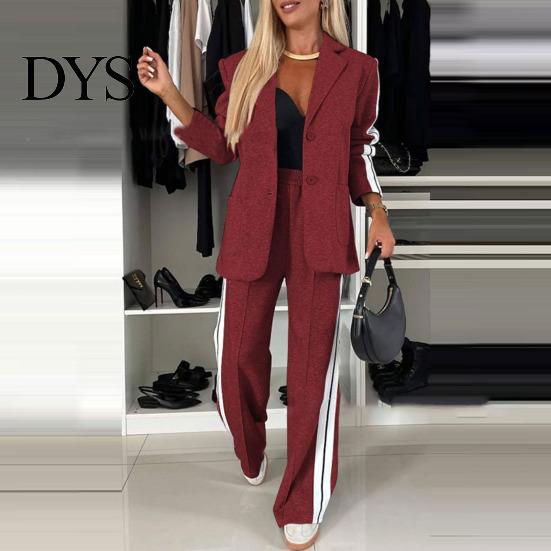 Women Coat Pants Suit 2 Pcs/Set Lady Formal Set Turn-down Collar Single-breasted Long Sleeves Button Decor Trousers Jacket Loose Striped Wide