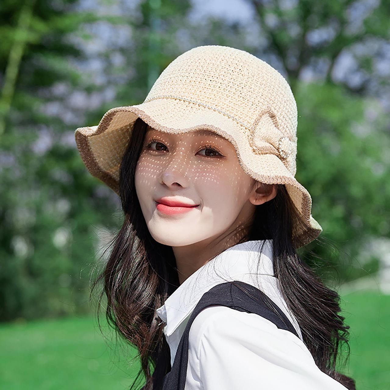 

Fashion Ruffle Brim Straw Hat for Women Rhinestone Bowknot Solid Color Wide Brim Fisherman Cap Female Sunshade Basin Hat 56-58cm бежевый