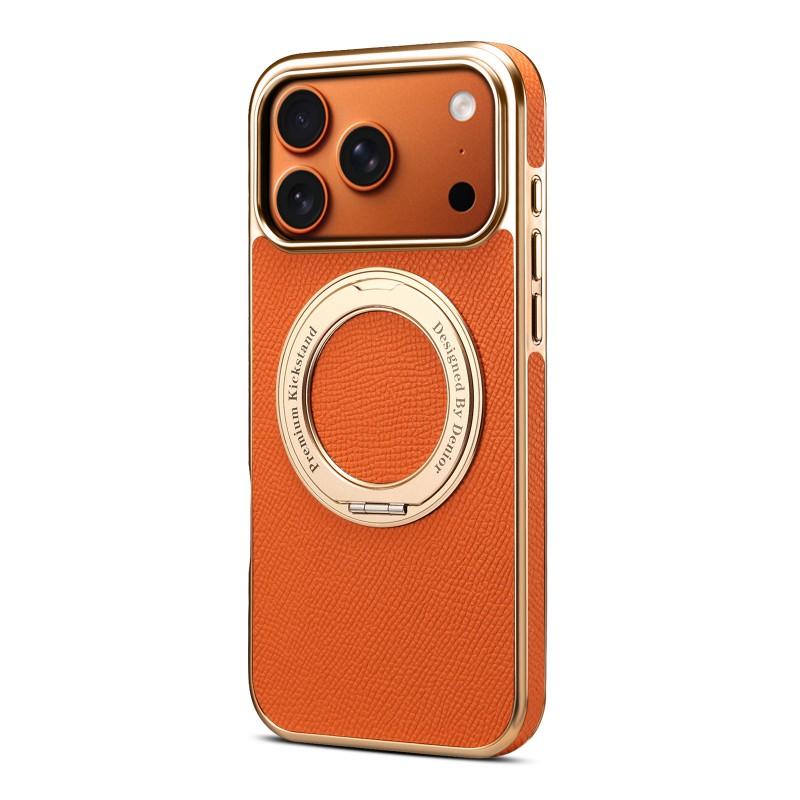 Genuine Leather IPhone 18 Pro Max Case With Magnetic Snap Rotating 17-Gear Stand Electroplated Finish Slim Protective Cover