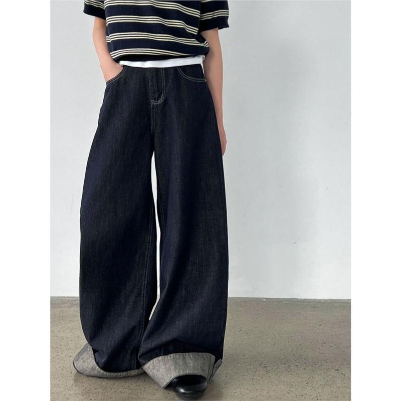 Johnature American Vintage Washed High-waisted Wide-leg Pants Women Rolled Edge Distressed Casual Long Jeans