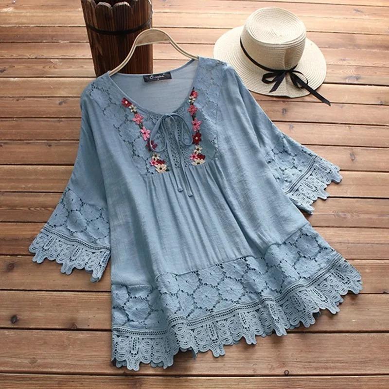 Summer Women Casual Solid Shirt Linen Stitching Lace Flower V-neck Loose Blouse Elegant Holiday Shirts