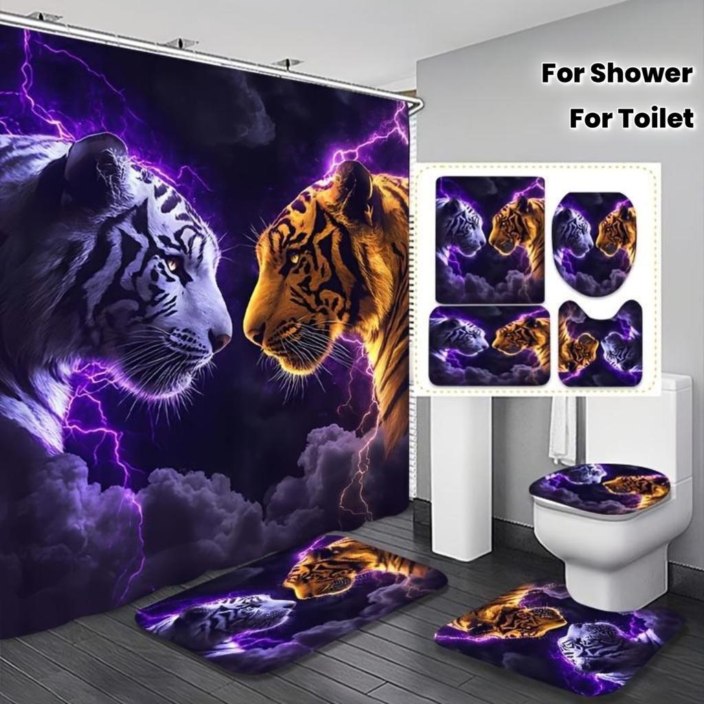 4-teiliges Modern Art Duschvorhang-Set mit rutschfester Badematte, Toilettendeckelbezug, Kontur-Teppich & 12 Haken, Badezimmerdekoration