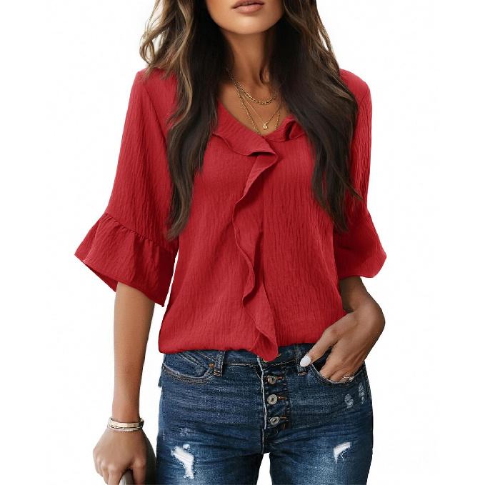 2026 Fashionable Loose V-neck Ruffle Trim Short Sleeve Lace Women s Casual Blouse S