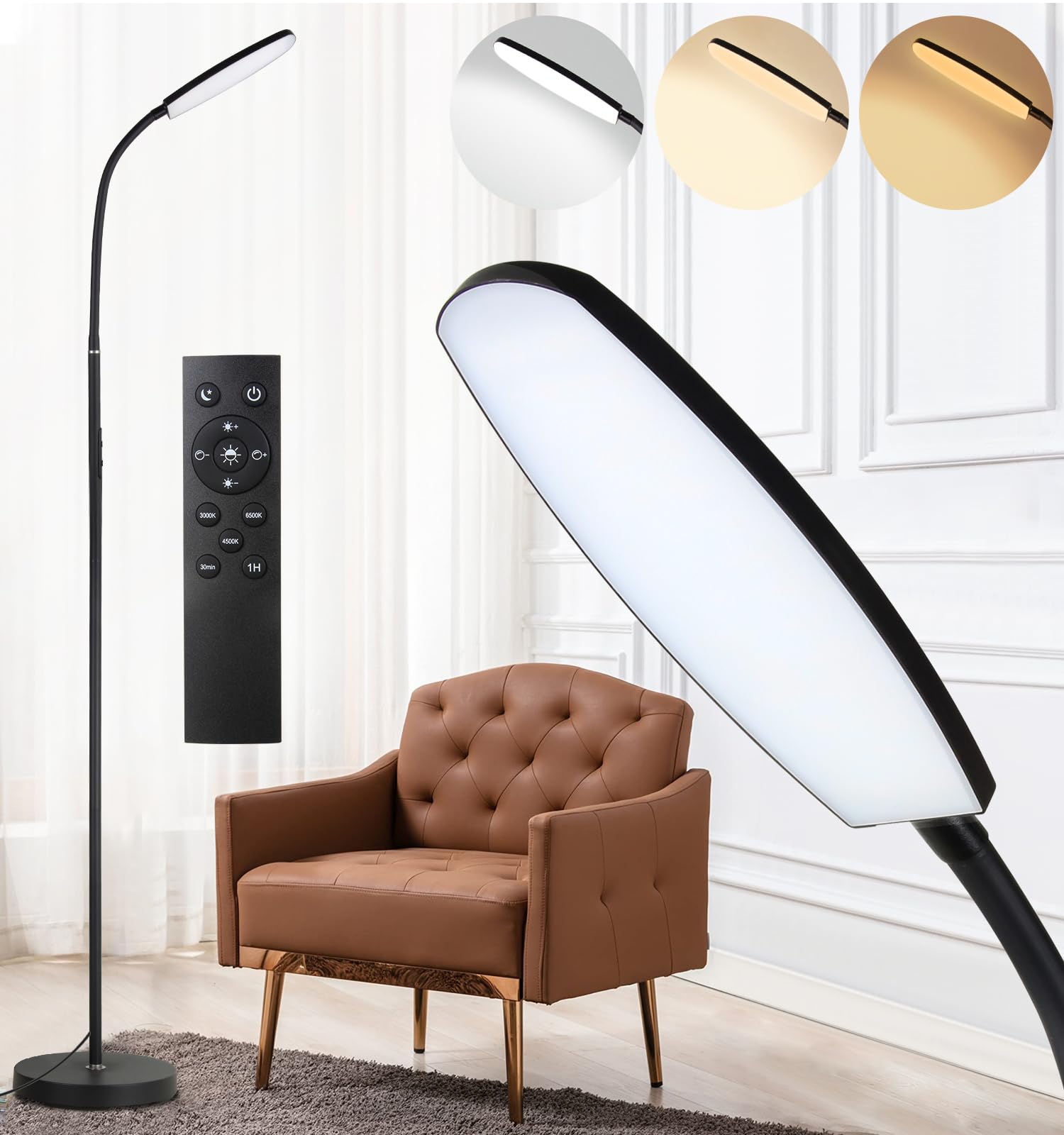

LED Floor Lamp, Reading Lamp, Standing Light, Eye-Care Energy-Saving Floor Lamp with 1H Timer, DimmerRemote Control, Adjustable Gooseneck, 360°