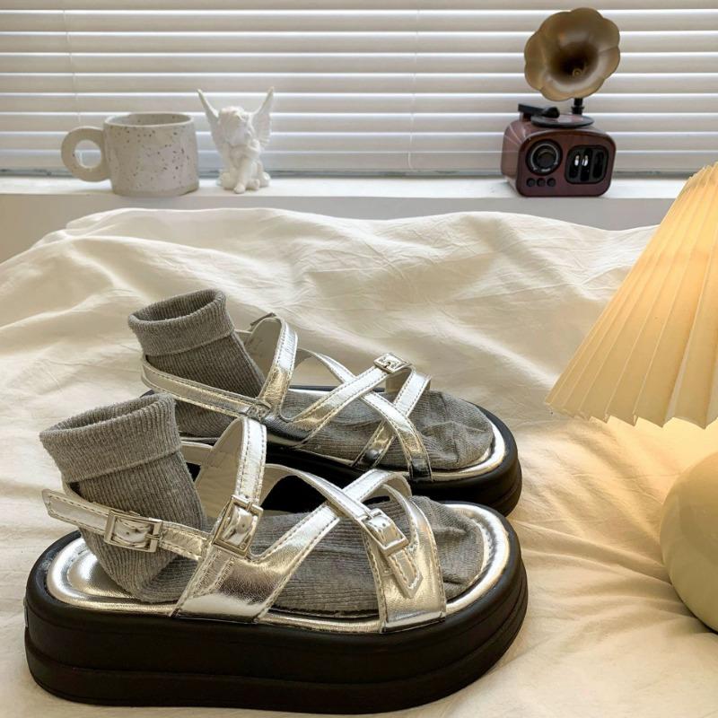 Summer new versatile non-slip silver niche muffin platform open-toed sandals women's beach shoes