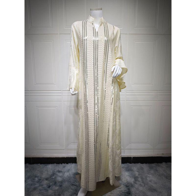 

Индонезия Новое Трансграничное Платье с Рукавами-Колоколами Ближний Восток Дубай Элегантное Платье с Пайетками и Вышивкой Чанша Платье Light yellow 2XL