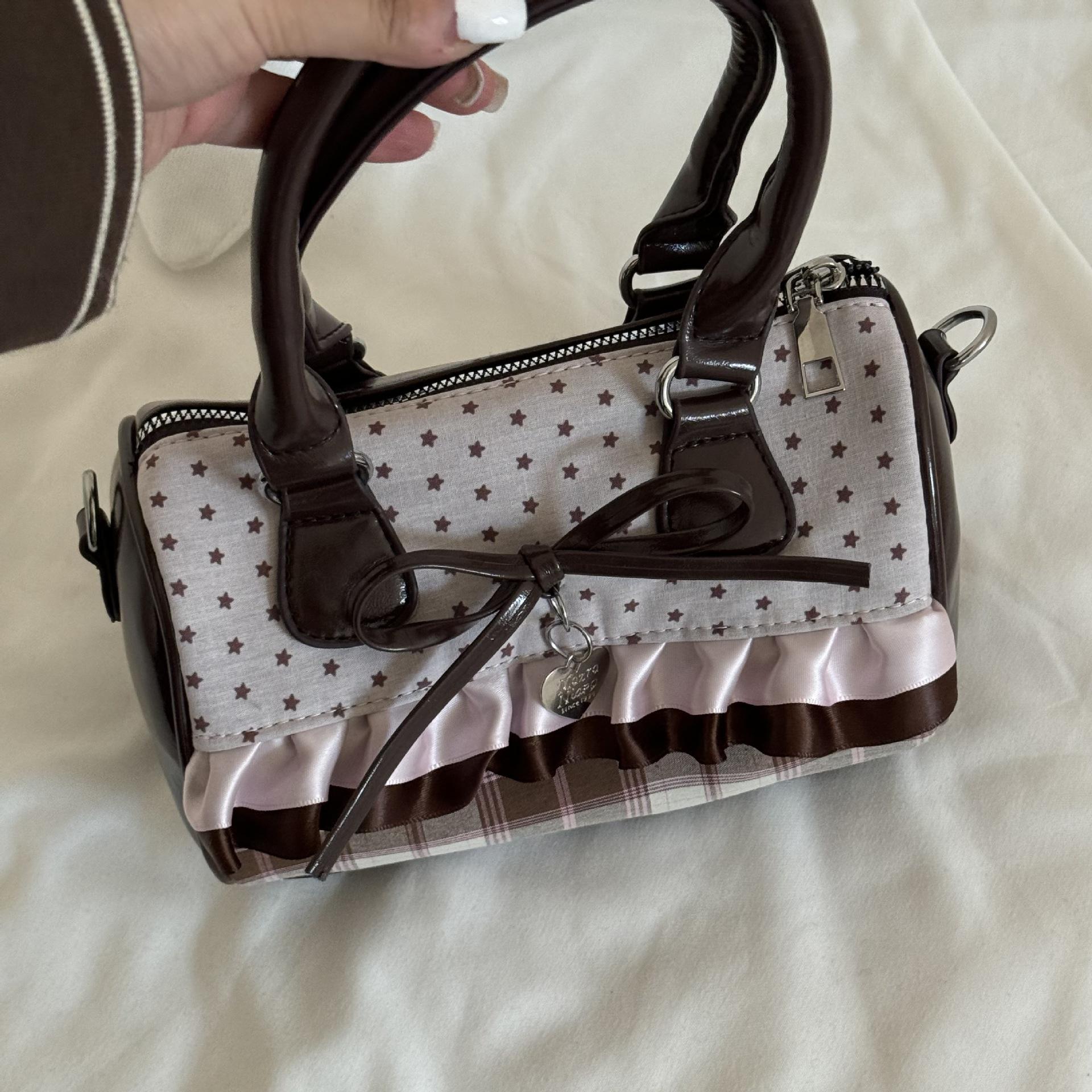 

Cute Polka Dot Mini Handbag Brown Bow Design Ruffle Shoulder Bag Sweet Plaid Detail Small Tote Purse Women Casual Crossbody Bag 20x7x12cm коричневий