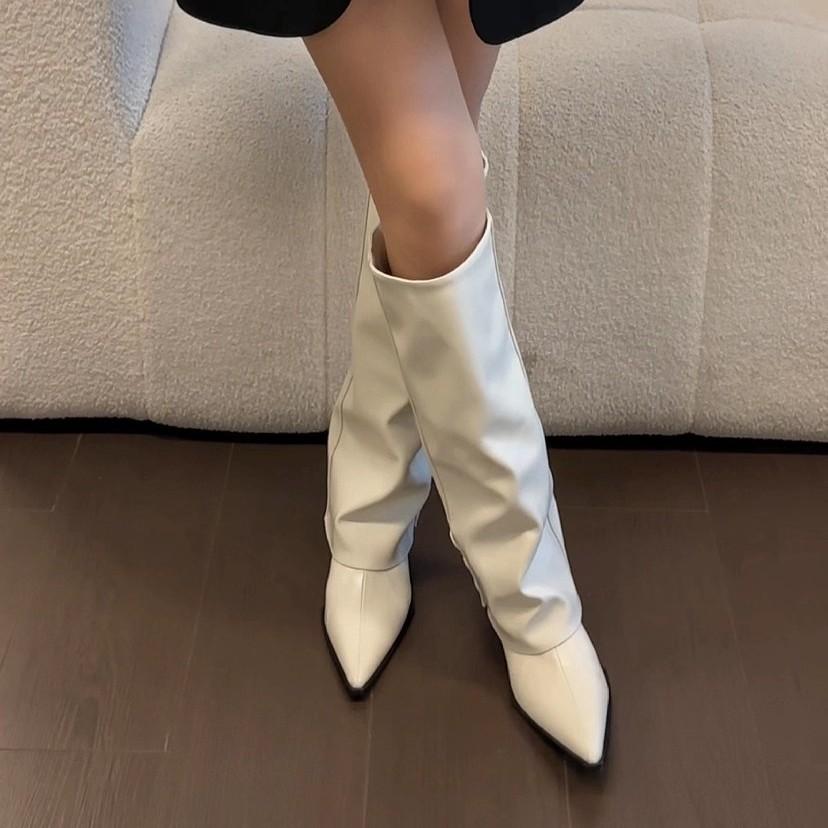 The Factory Is Making Goods~ Milk White Pant Tube Boots 2025 Autumn and Winter Korean Niche Spice Girl Pointed Head Big Tube Circumference Fash