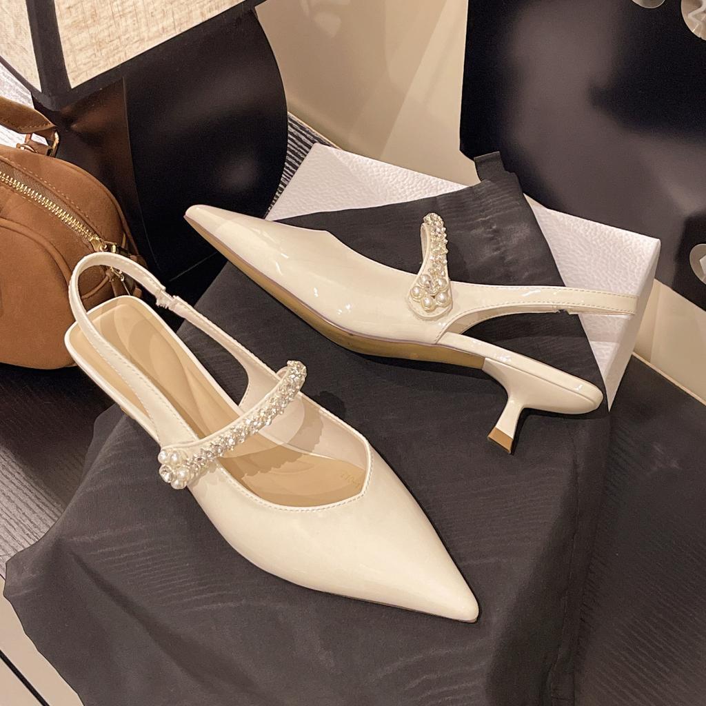 French Rhinestone with Shallow Mouth Thin Heel Bag Head Sandals Women's 2025 Summer Pointed Head Versatile Empty Single Shoes Commuting Versatile