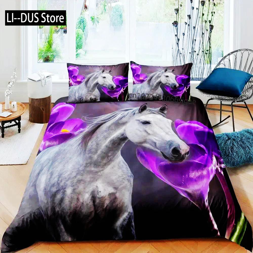 3D-Bettbezug mit Pferd, King- und Queen-Size-Größe, gelbes Sonnenblumen-Bettwäscheset, florales Tiermotiv, Bettbezug, Wildtier-Motiv, weicher Bettbezug