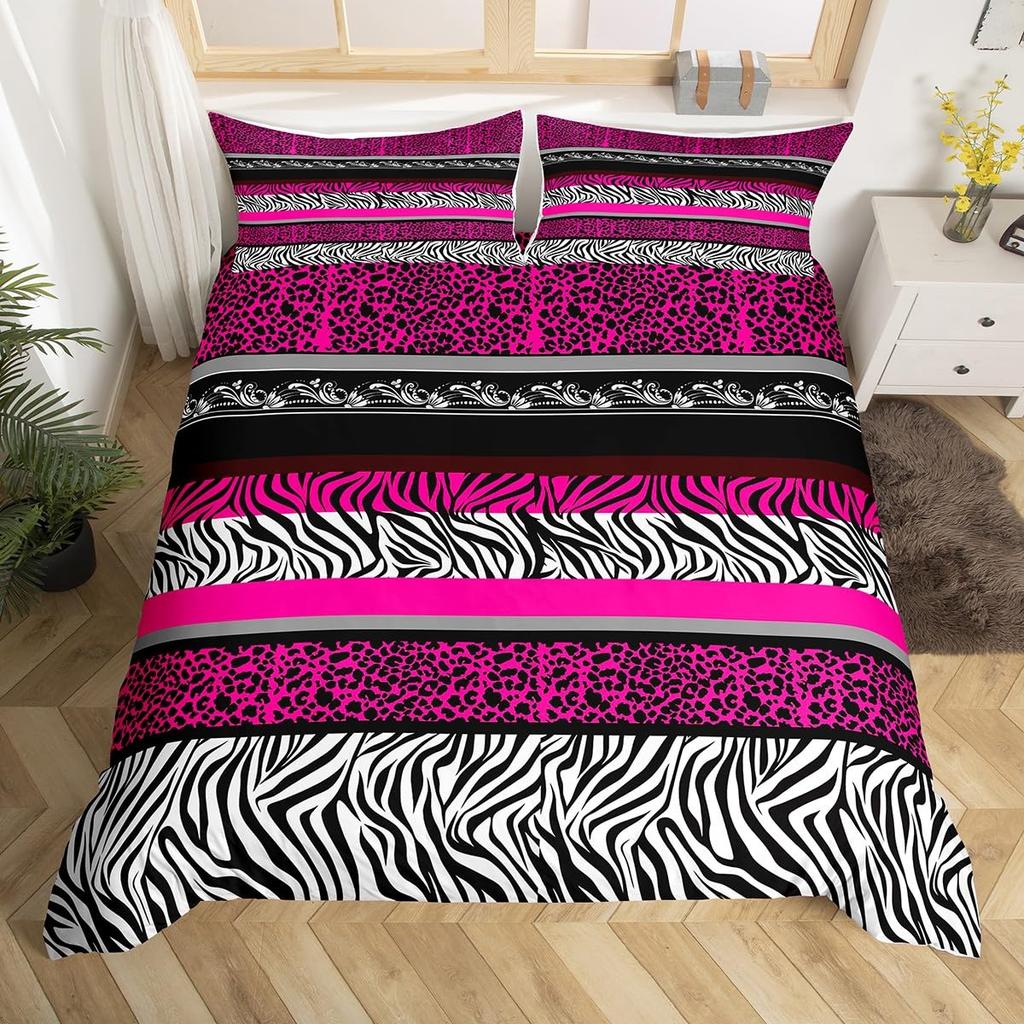 Zebra Stripes Duvet Cover Set Red Glitter Lips Comforter Cover for Girls Women Black White Leopard Zebra Print Queen Bedding Set