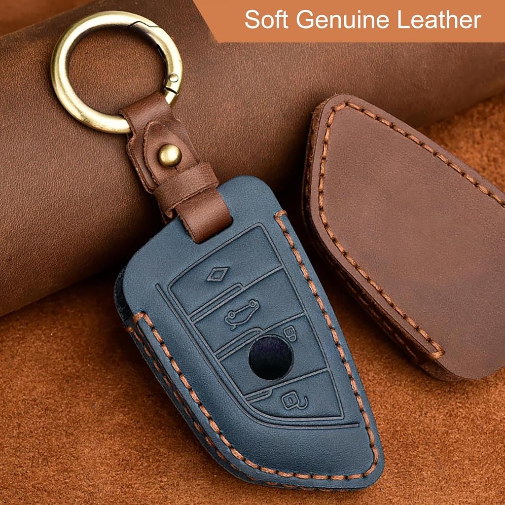 OLLEN  Leather No Screws Key Fob Cover Fit for BMW 5 6 7 Series X1 X2 X3 X5 X6 GT Series etc, Blade Shape, Brown