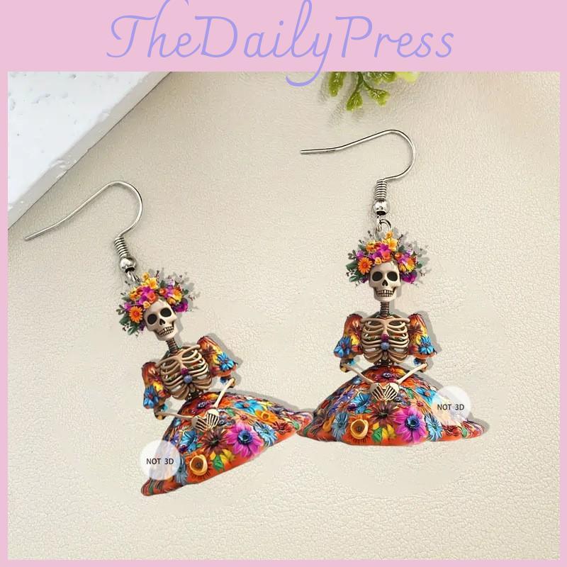 Halloween Flower And Skull Pattern Women Earrings For Party And Holiday Wear