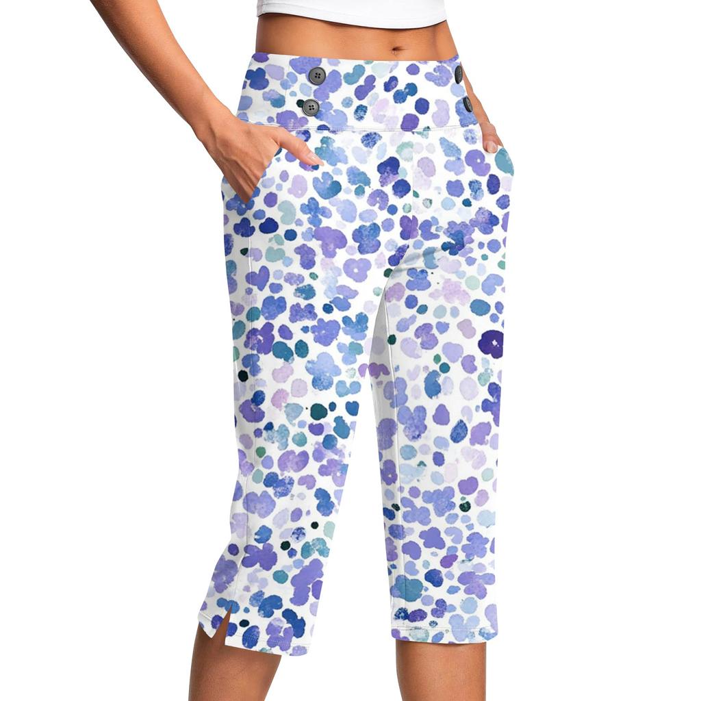 Women's Vintage Floral Print Button Pocket Trousers Slit High Waist Sports Yoga Casual Pants