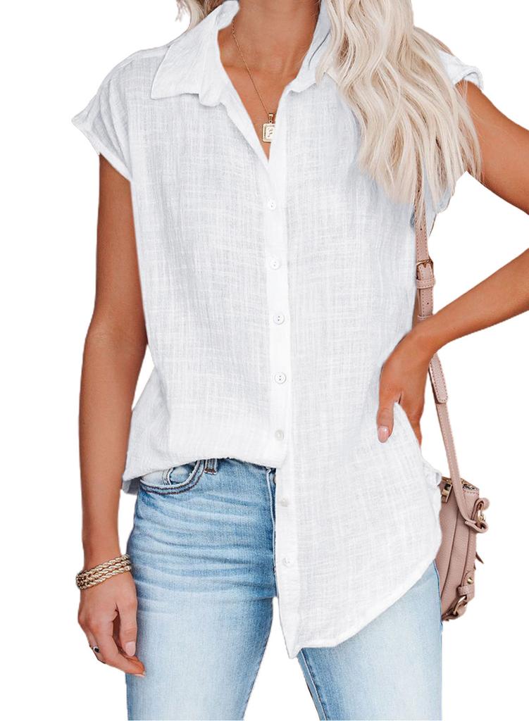 Damen Unifarbene Ärmellose Baumwollbluse mit Umlegekragen und Knöpfen Locker Lässig Sommer Top