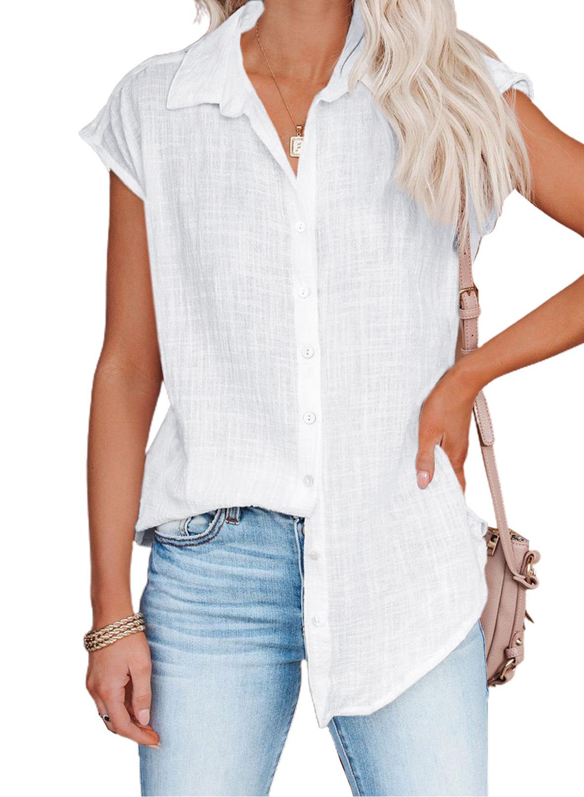 

Women s Solid Color Turn-Down Collar Sleeveless Button-Up Cotton Blouse Loose Casual Summer Top S белый