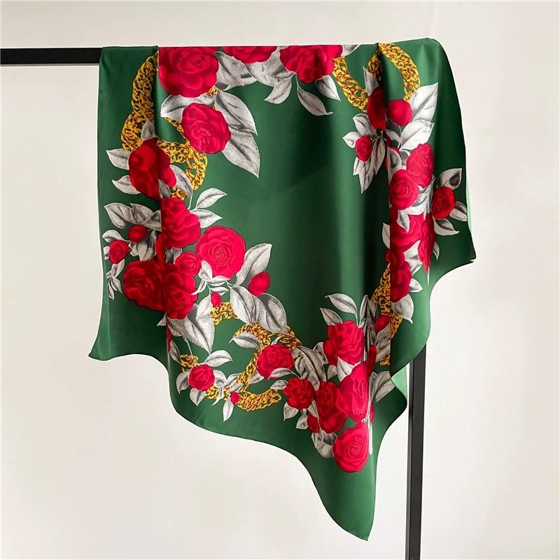

Rose Flower Scarf Silk Satin Matte Fabric Soft and Elegant Wrap 90cm Square Headscarf for Women Shawls Bandana Lady Hijabs 90x90cm