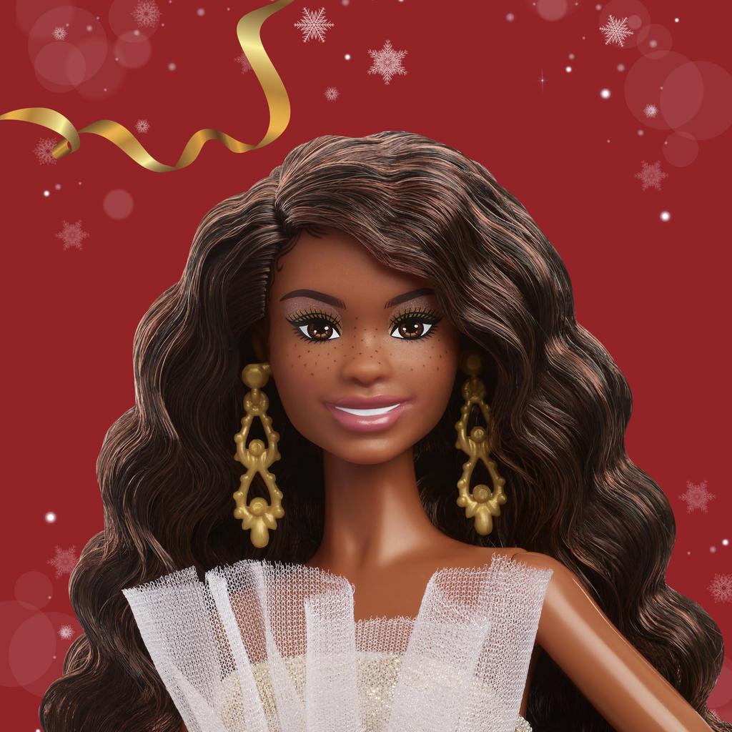 Barbie Holiday Barbie Wave Hair Signature Black Doll House for Pretend Ages 6 and Gold Dress-Up Play, Up, (JBH96)