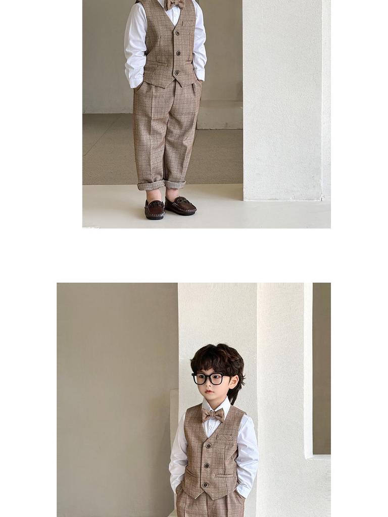 2025 Autumn British Plaid Tuxedo Suit for Kids: Boys' & Girls' Performance Vest Costume