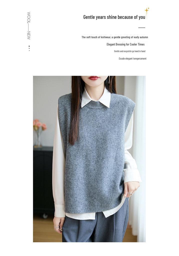 Women's Ribbed Knit Wool Vest - Round Neck Sleeveless Cardigan, Loose Fit Versatile Layering Top